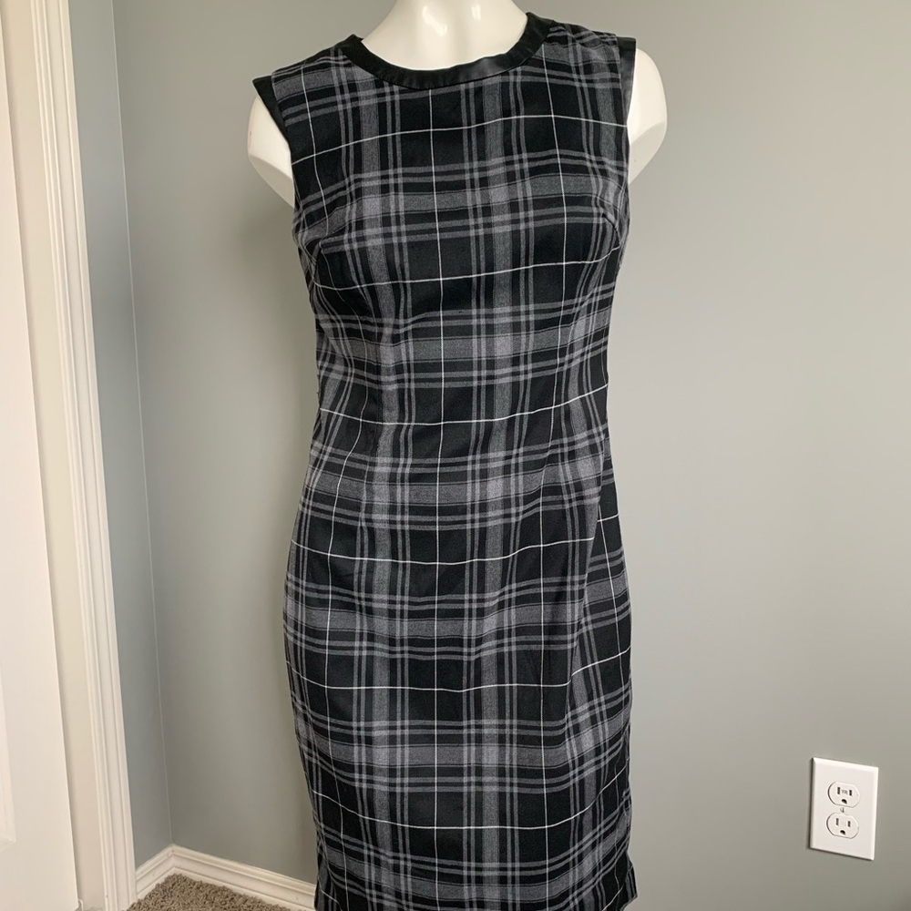 Sheath plaid dress with faux leather